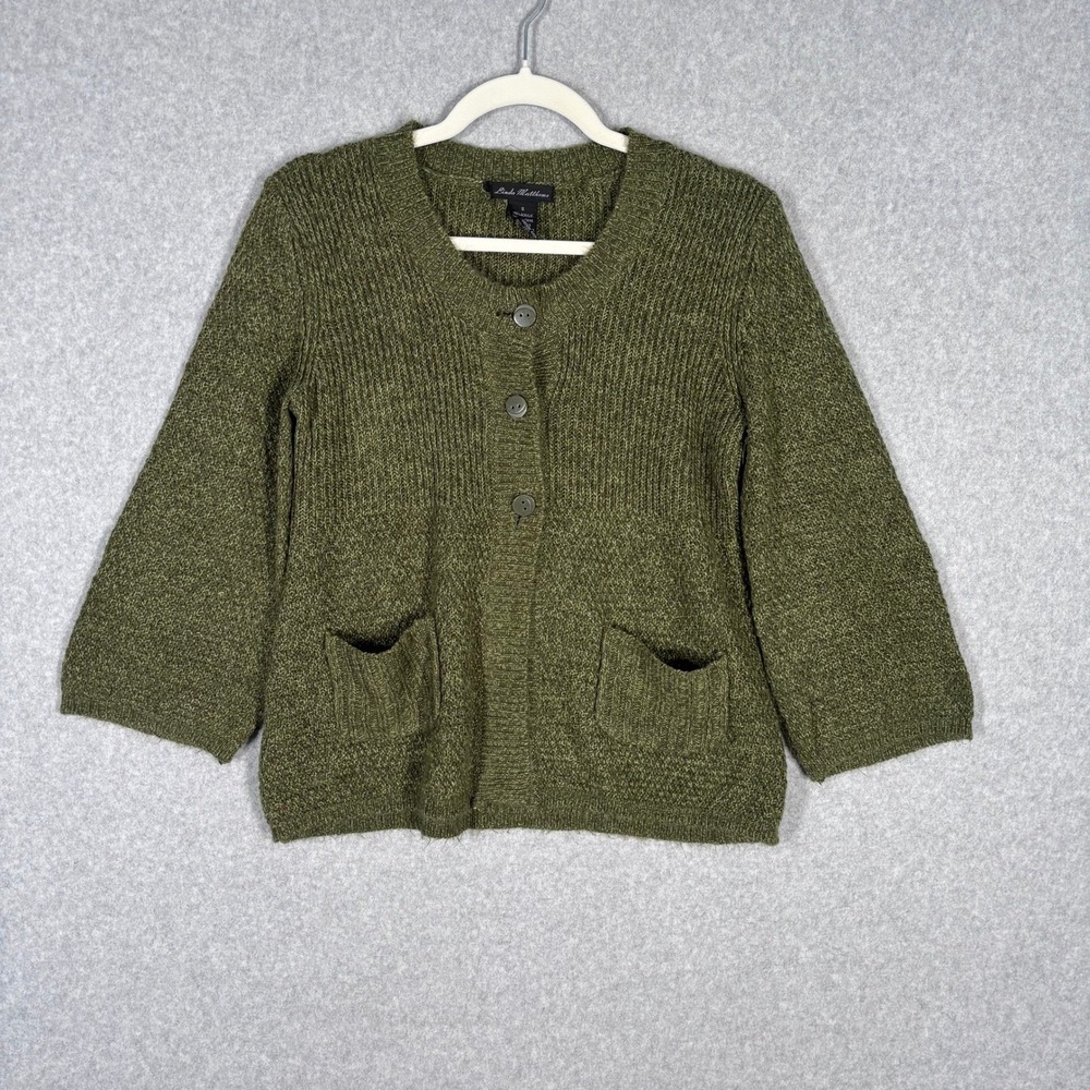 Linda Matthews Cardigan Sweater Small Pockets‎ Marled Artsy Lagenlook Minimal